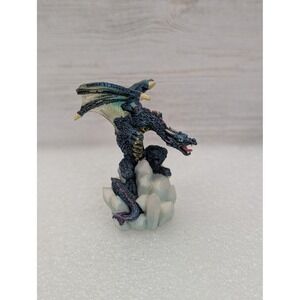 Vintage 2003 Blue Dragon Figurine Resin Mini Statue on Crystal Cluster Fantasy